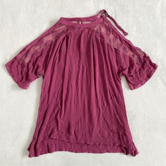 Free People pink cold shoulder lace tunic boho oversized top size small - Picture 2 of 8